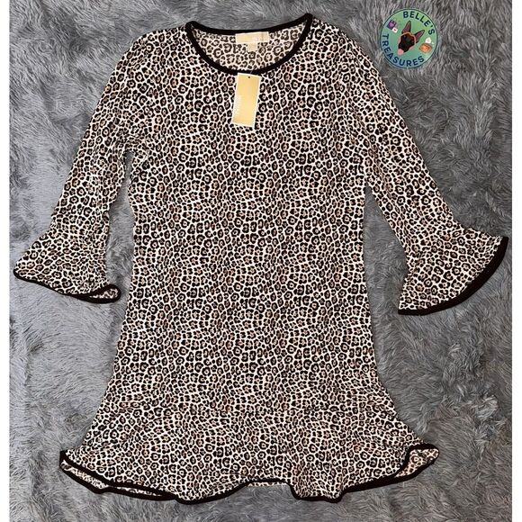 Michael Kors Medium Mega Cheetah Bell Sleeves Flounce Dress‎ Dark Camel NWT $98 - Picture 1 of 13